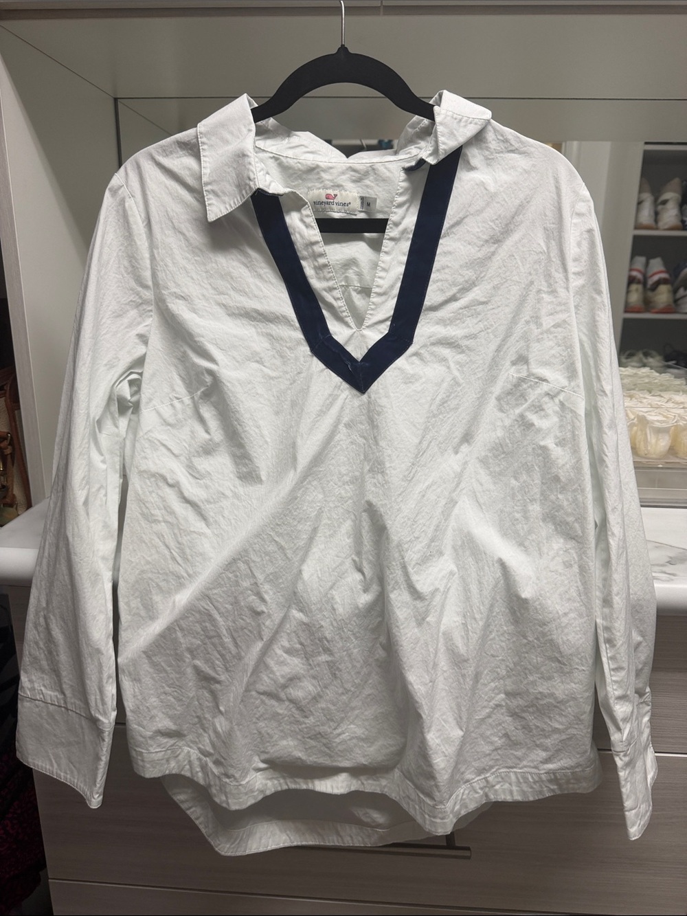 Vineyard Vines White Long Sleeve Popover with Navy Trim- Navy Trim is velvet